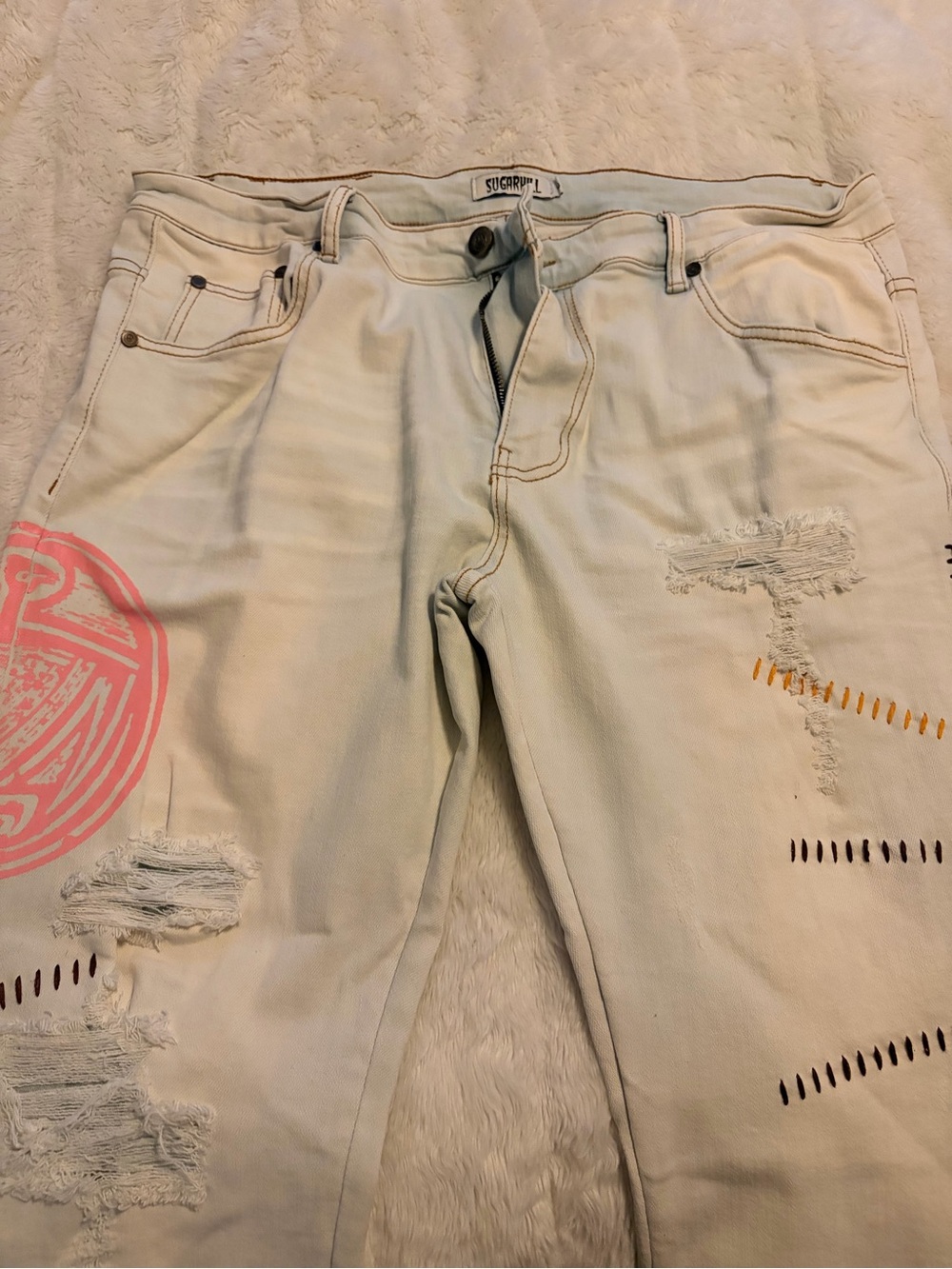 SugarHill Light Wash Distressed Jeans with Graphic Designs